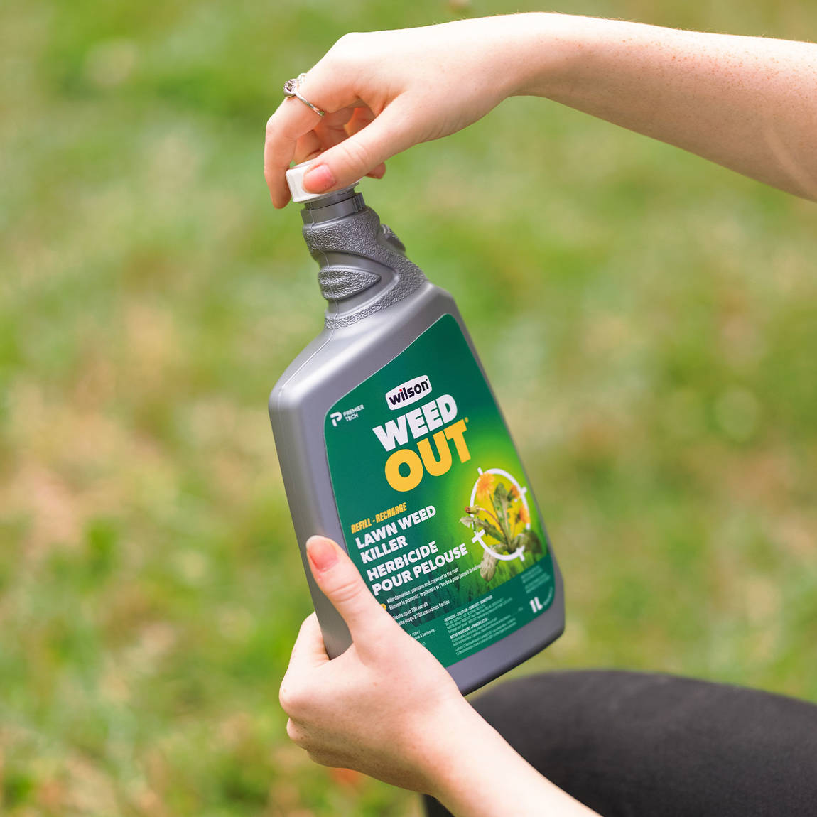 Remove cap from refill bottle of Wilson WEED OUT Lawn Weed Killer Refill