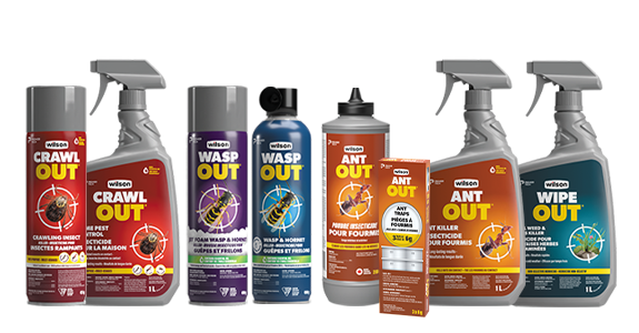 Présentation des principales gammes de produits Wilson. De gauche à droite : Crawl Out, Wasp Out, Ant Out et Wipe Out