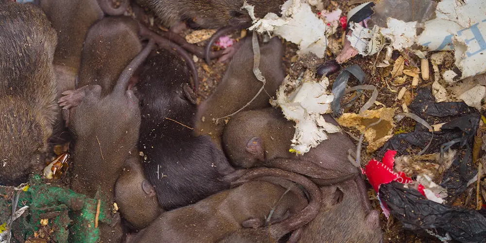 A proliferation of sleeping rats in a compost bin in a private garden.