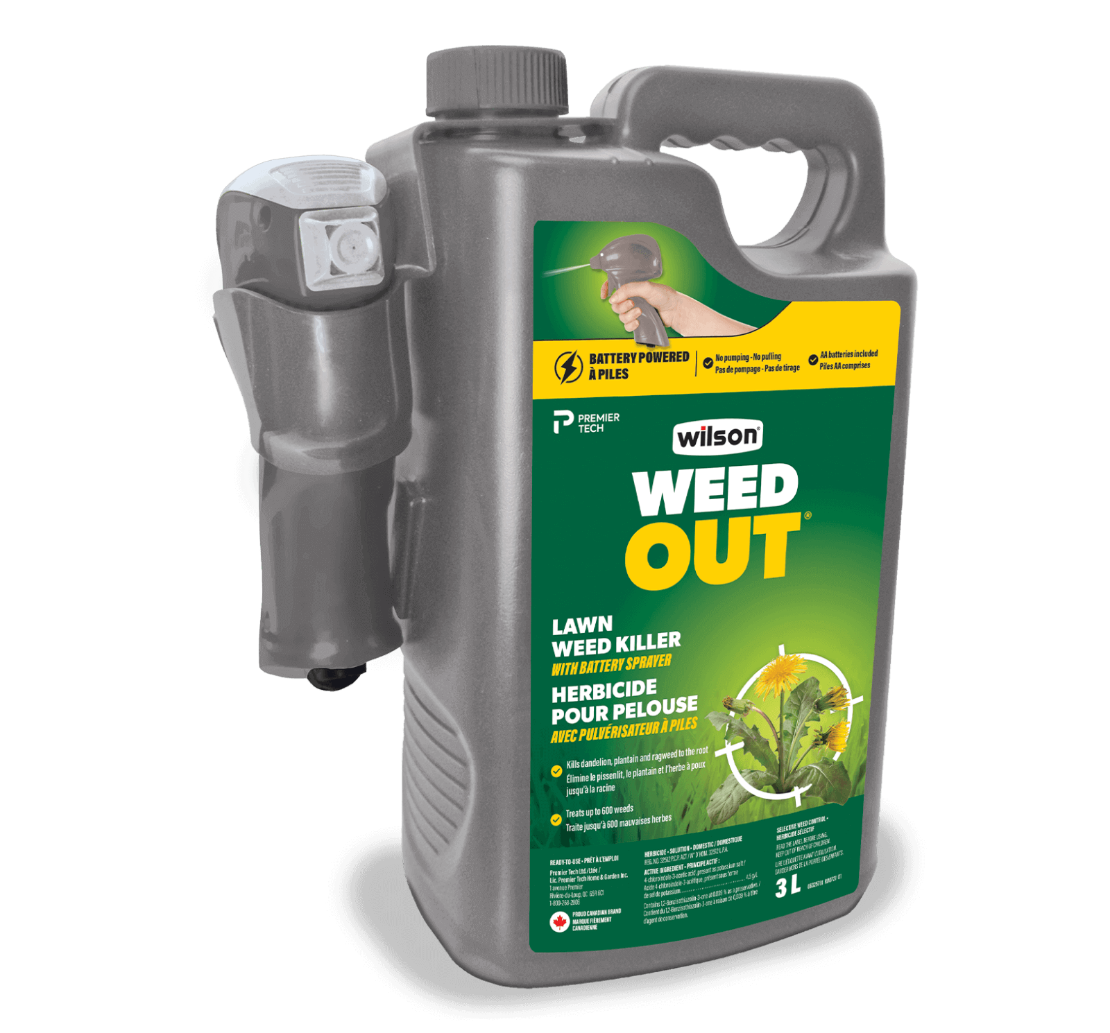 L'herbicide pour pelouse avec pulvérisateur à piles WEED OUT de Wilson est facile à utiliser